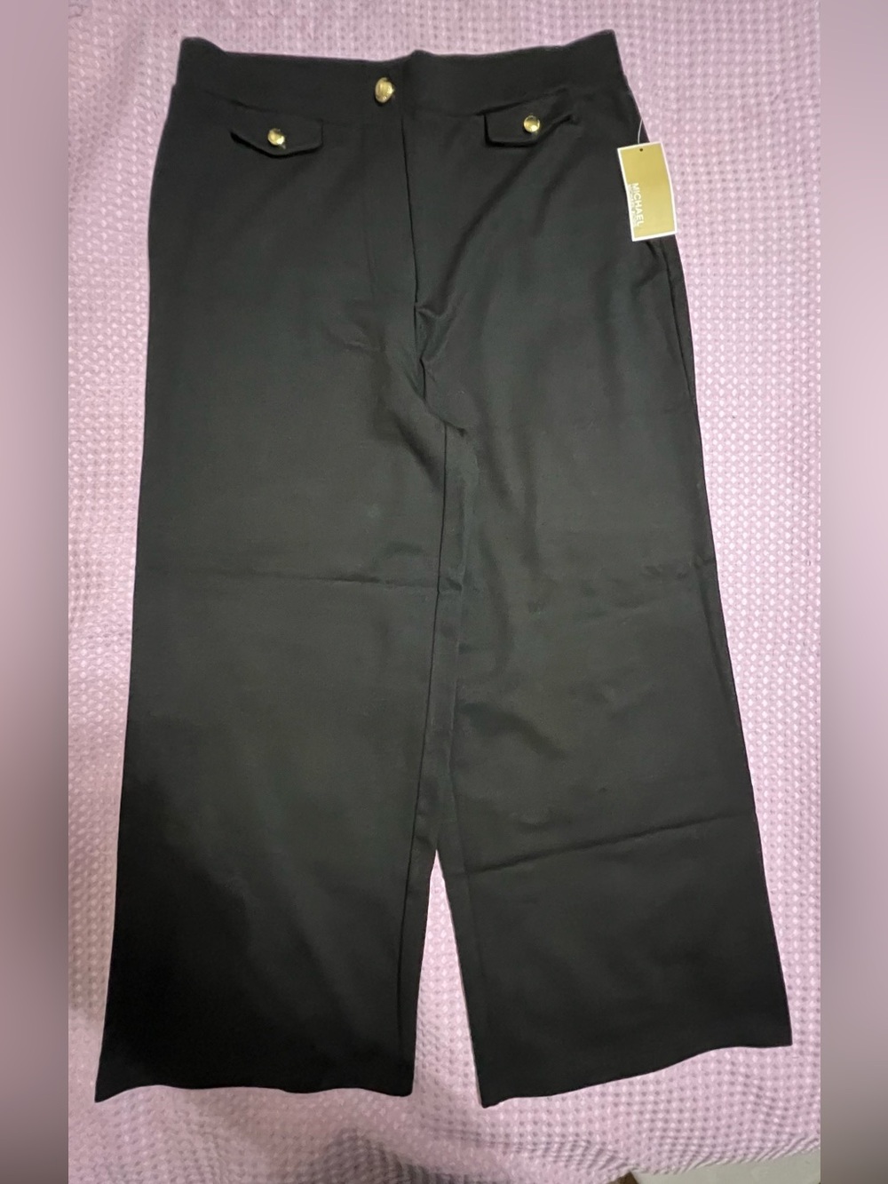 Michael Kors Black Wide-Leg Pants with Gold Button Detail